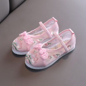 รองเท้าเด็กผู้หญิงสไตล์จีนโบราณ ฤดูร้อน ผ้าปักลายดอกไม้ รองเท้าผ้าใบทำมือ รองเท้าเด็กสไตล์จีนแบบใหม่ รองเท้าสำหรับใส่กับกระโปรงม้า