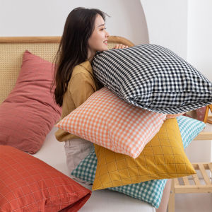 Japanese High Quality Goods Washed Cotton Pillowcase Single Pure Cotton Solid Color Plaid Cotton Pillowcase Simple 48*74 Single