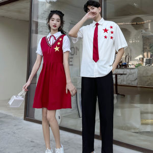 ชุดการแสดงเด็กหญิงชั้นมัธยมต้น ชุดการแสดงอ่านบทกวี สีแดง ชุดการแสดงบนเวที กระโปรงยาว ชุดวันพีซ ผ้าฝ้าย ฤดูร้อน 2024