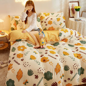 Spring Summer Knitted Pure Cotton Bedding Set 4pcs Skin-friendly Bed Cover Sheet Bed Skirt Breathable Comfortable for All Seasons