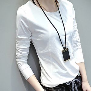 Pure Cotton Long Sleeve Womens Base Shirt White T-shirt Korean Style Small Top Trendy Commute round Neck Cotton Blend