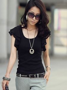 Chiffon T-Shirt Women Plus Size Short Sleeve Modal Silm Slimming Sense of Design Ruffle Bottoming Shirt Black Tops Women