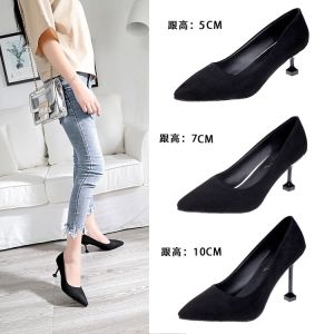 Womens Autumn 2025 New Korean Style Black Velvet High Heels Pointed Toe Cat Heel Work Shoes Fashionable All-Match mid Heel