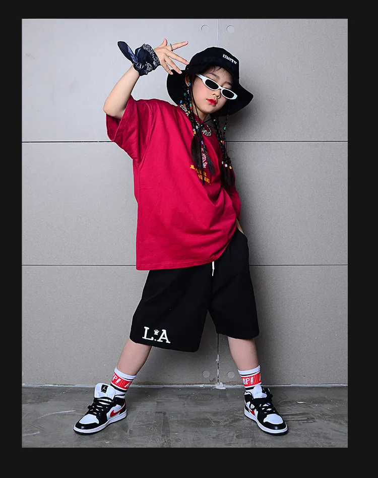 Custom Dance Hall Children Hip-Hop Red and Black Workwear Costume Series  Children's Loose Hip Hop Hiphop Jazz Fashion Clothing