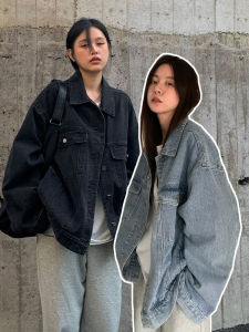 American Retro Chic Womens Denim Jacket Loose Design Spring Autumn New Style Pure Color Cotton Polyester Blend Long Sleeve Polo Collar