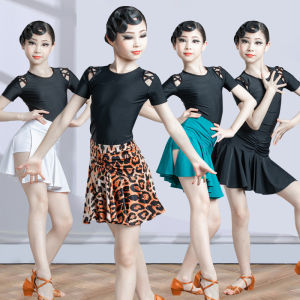Clearance Childrens Latin Dance Practice Suit Short Sleeve Dance Skirt Set for Girls Performance Clothing Nylon Fabric