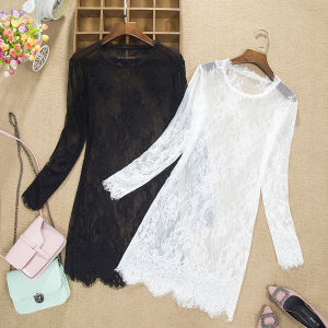 ชุดเดรสยาวปานกลางคอตั้งแขนยาวผ้าตาข่ายลูกไม้สไตล์เกาหลีสำหรับผู้หญิงในฤดูใบไม้ผลิและฤดูใบไม้ร่วง