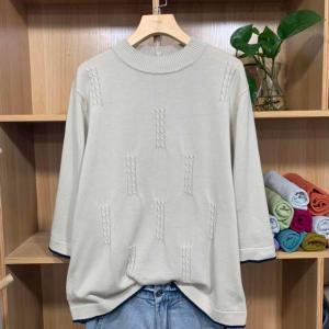 Spring Autumn New Large Size Womens Cotton Knitted Sweater Embroidered Half High Seven Sleeve Inner And Outer Wear Top