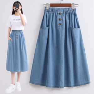 Summer Super plus Size Pleated Mid Length Long Length Denim Skirt