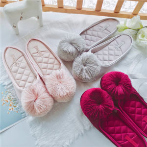 Spring and Autumn Ins Style Flats Tassel Fur Ball Plaid Fabric Household Non Slip Soft Bottom Mute Wooden Floor Household Slippers