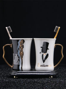 ชุดครีมแปรงสีฟันเซรามิกสไตล์ยุโรปแบบเรียบง่ายพร้อมชามสำหรับชุบชีวิตสัตว์เลี้ยง ชุดน้ำยาล้างปาก คู่