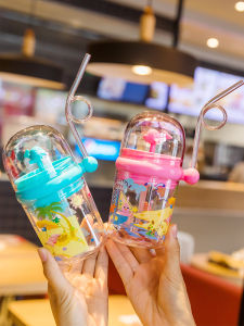 Funny Dolphin Fountain Straw Cup Water Bottle for Children Baby Nursery Girl Style Korean Cartoon Design Sport Scene Use
