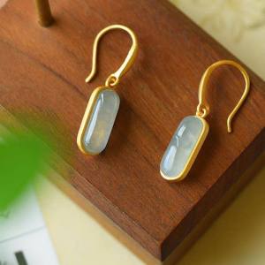 White Jade One-Word Jade Earrings 925 Sterling Silver Jade Earrings Palace Style Ornament Womens Accessories Minimalist Fresh and Retro