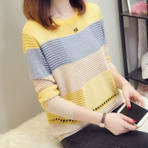 Spring Autumn Loose Fit Knitted Hollow out Long Sleeve Womens T-Shirt Korean Style Thin Fashionable Casual Low round Neck
