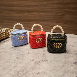 Girls Pearl Bucket Bag Chain Diamond Grid Crossbody Bags Korean Style PVC Material Square Shape Leisure Fashion Mini Size