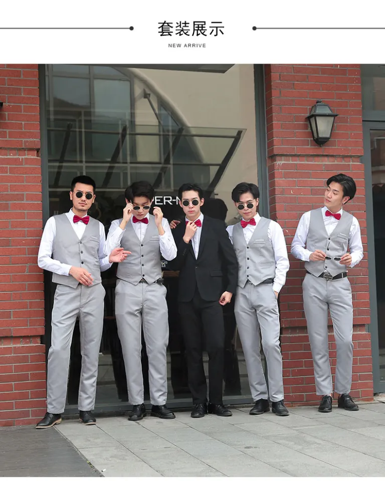 Groomsman Best Man Wedding Casual Gray Vest Long-Sleeve Polo Suit