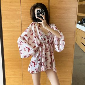 Womens Three-Piece Swimsuit Bikini Thermal Spring Conservation Student V-Neck Polyester Material with Steel Support Pad