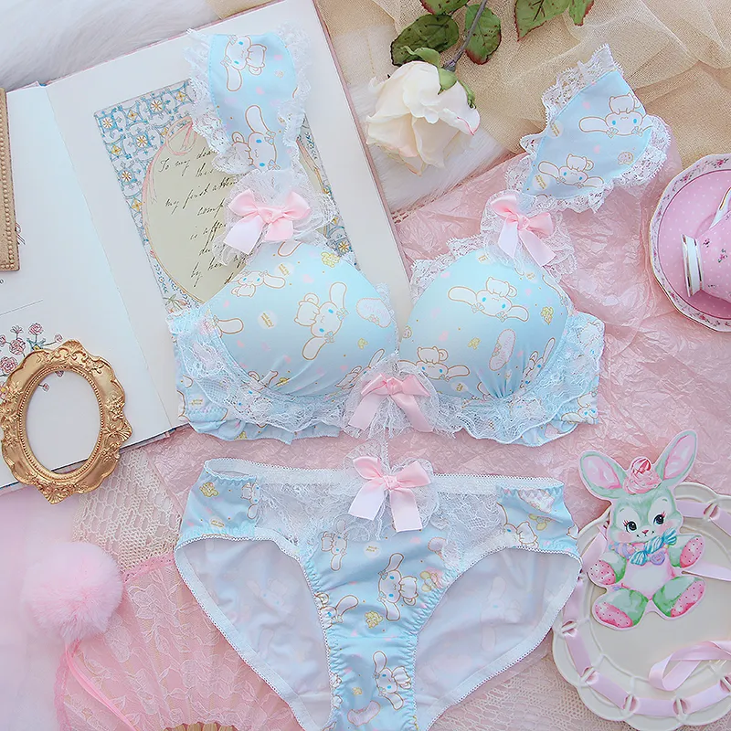 Cute Cinnamoroll Babycinnamoroll Girl's Underwear Soft Sweet Small Lace  Chest Push up Extra Thick Underwired Bra Set