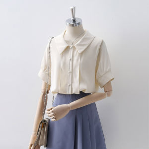 French Collar Apricot Loose Short Sleeve Shirt Womens Fashion Summer New Style Versatile Casual Polo Neck Single Button Korean Version