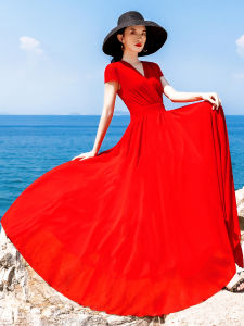 Elegant V-Neck Maxi Dress in Chiffon with Flounce Skirt Red Summer Beach Dress for Women Long Skirts for Holiday by the Sea