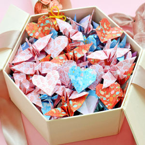 Valentines Day Home Love Heart-Shaped Origami Special Paper Couple Homemade by Hand Printing Paper Crane Folding Paper Star Heart Colored Paper Girlfriend Confession Creative Making Peach Heart Gift for Boys