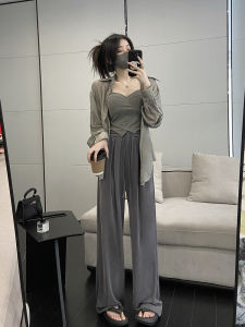 Quần Ống Rộng Sợi Cupro Màu Xám Xuân Thu Quần Không Khí Quét Đất Ống Đứng Thường Ngày Dáng Gầy Rộng Rãi Dễ Phối Cảm Giác Rủ Xuống Cạp Cao Nữ