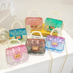 Mini Pearl Handbag Childrens Bag Girls Cute New Summer Transparent Jelly Bag Crossbody Bag for Girls PVC Lock Buckle Closure