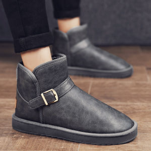 Mens Winter Snow Boots Fur Lined Thickened Bread Shoes Anti-Slip Warmth Leather And Fur Integrated Booties for Young Men