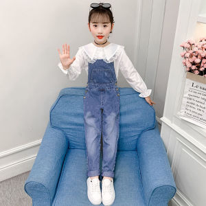 Girls Korean-Style Loose Two-Piece Suit Denim Bib Pants