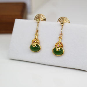 925 Silver Gourd Gold Inlaid with Jade Short Exquisite Ear Clip
