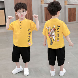 Boys Summer Outfit Set Thin Cotton Linen Baby Tang Suit Performance Clothes New 2025 Children Hanfu Style Ethnic Childrens Clothing