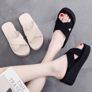 Cross-Strap Sandals for Women Summer Style with Increased Height Slimming Thick Sole Non-Slip Beach Footwear K-Style Rubber Sole