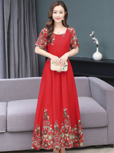 Summer New Cotton Silk Floral Print Maxi Dress for 50 Years Old Mom Midlife Women Elegant High Waist A-Line Long Skirt