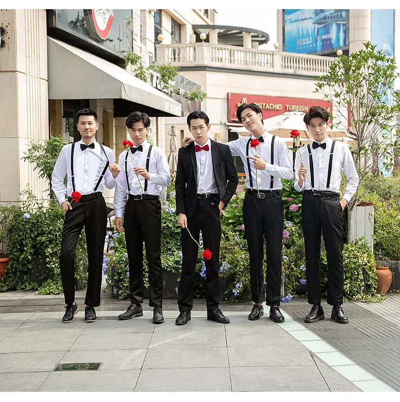 Groomsman Best Man Wedding White Long-Sleeve Polo Suspender Strap