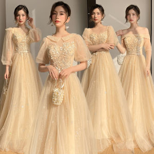 Champagne Color Maids Dress Korean Style Elegant Small Group Fairy Atmosphere Sister Team Evening Gown Women Petite Size