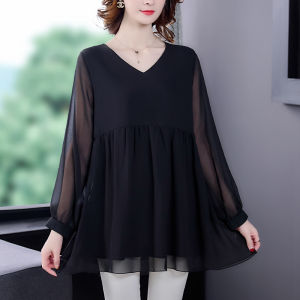 เสื้อยืดคอกว้างแขนยาวสีแดงไซส์ใหญ่สำหรับผู้หญิง เสื้อเชิ้ตผ้าชีฟองทรงหลวมยาวปานกลาง ฤดูใบไม้ผลิและฤดูใบไม้ร่วง