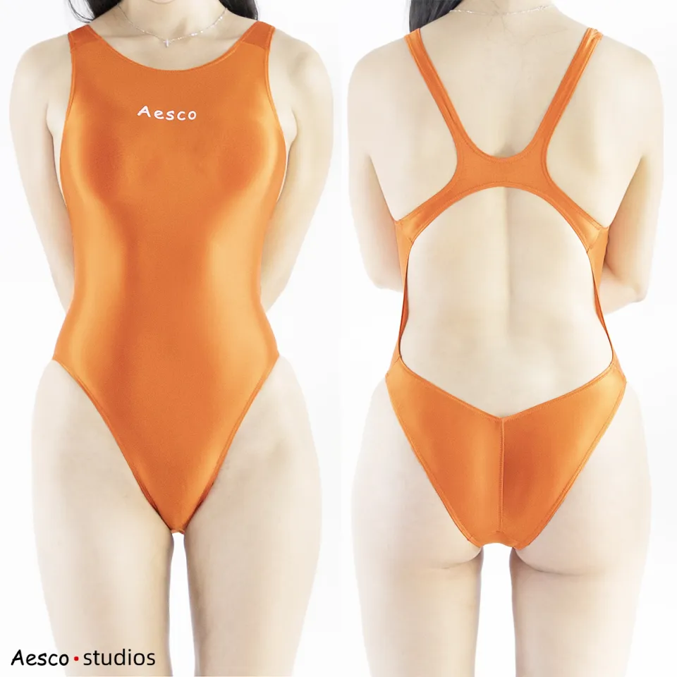 Aesco Half Sheath Swimsuit Glossy Shiny Japanese Peru Feite Backless Cover  Belly Siamese Women's Stretch Thin Sleeveless