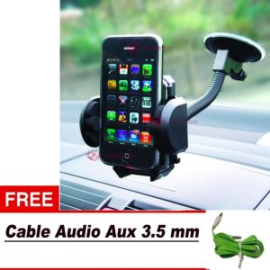 Universal Car Holder Handphone Holder Mobil Holder handphone Long + Free Cable AUX audio - Hitam
