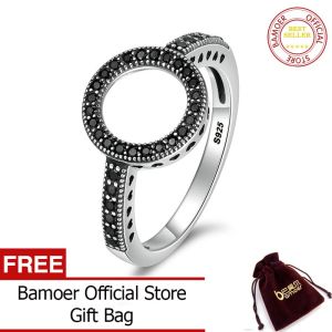 BAMOER Free Shpping 100% Genuine 925 Sterling Silver Black Forever Clear CZ Round Finger Rings for Women Authentic Silver Jewelry SCR112