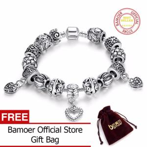BAMOER Silver Color Charm 20CM Bracelet & Bangle With Heart Pendant for Women Wedding Vintage Jewelry PA1431