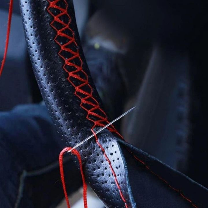 DIY Black Leather Steering Wheel Cover Kit – With Needles And Thread (38cm)
