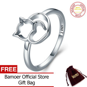 BAMOER Free Shpping Authentic 100% 925 Sterling Silver Naughty Little Cat & Heart Finger Ring for Women Sterling Silver Jewelry Gift SCR104