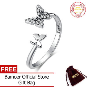 BAMOER Free Shpping 925 Sterling Silver Dazzling CZ Butterfly Open Finger Ring for Women Fashion Sterling Silver Jewelry Gift SCR087