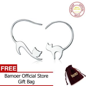 BAMOER Free Shpping Animal 925 Sterling Silver Cute Napping Little Cat Drop Earrings for Women Sterling Silver Jewelry Gift SCE073