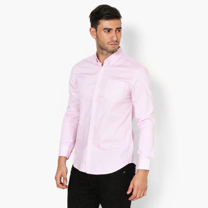 Baleno Mens One-pocket Chambray Long Sleeves Casual Shirt (Pink)