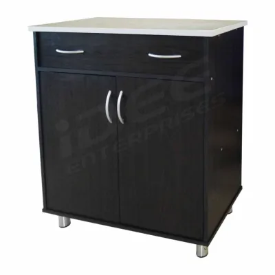 Dark Wood Kitchen Cabinet with 2 Doors and 1 Drawer White Tile Top Silver Handles Adjustable Legs
