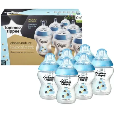 Tommee Tippee Closer to Nature 260ml Blue Decorated Baby Feeding Bottles 6 Pack (Blue)