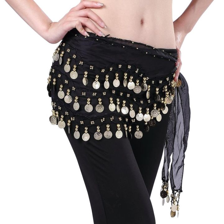 Women Gold Metal Coins Waist Chain Belly Dance Hip Scarf Belt Skirt Chain  Black