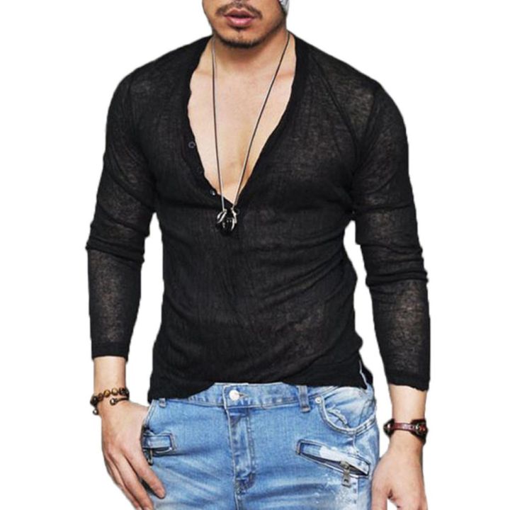Fashion Mens Muscle Long Sleeve Shirt V-neck Casual Slim Fit T