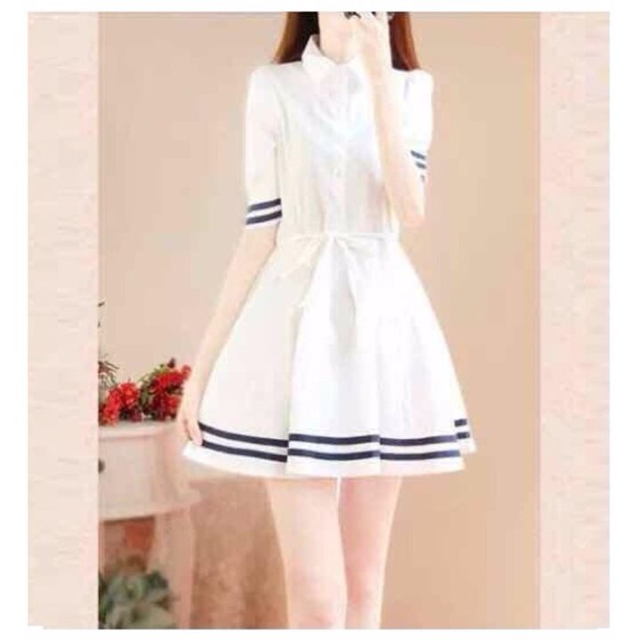 Đầm xòe sơ mi viền đen Hàn Quốc DX30 (Trắng). 